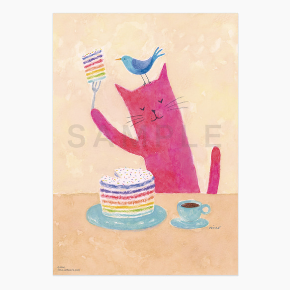 ポスター　赤い猫と青い鳥「ハルとソラ」No.2023-03（額なし／A4、B4、A3） 3枚目の画像