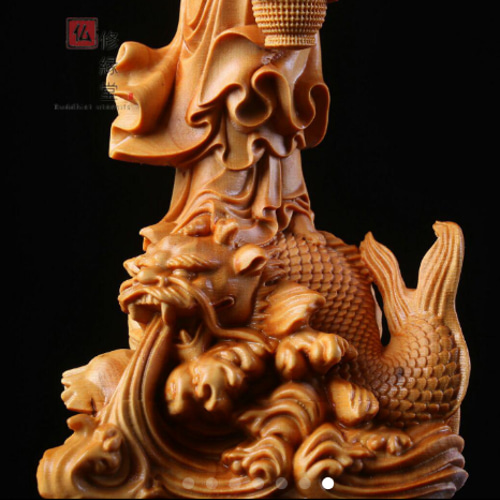 極上品 木彫り 仏像 鰲魚自在観音菩薩立像 彫刻 仏教工芸品 柘植