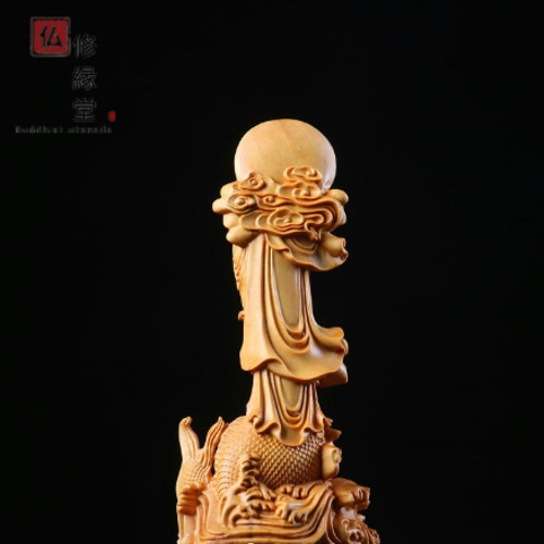 極上品 木彫り 仏像 鰲魚自在観音菩薩立像 彫刻 仏教工芸品 柘植材 CQ