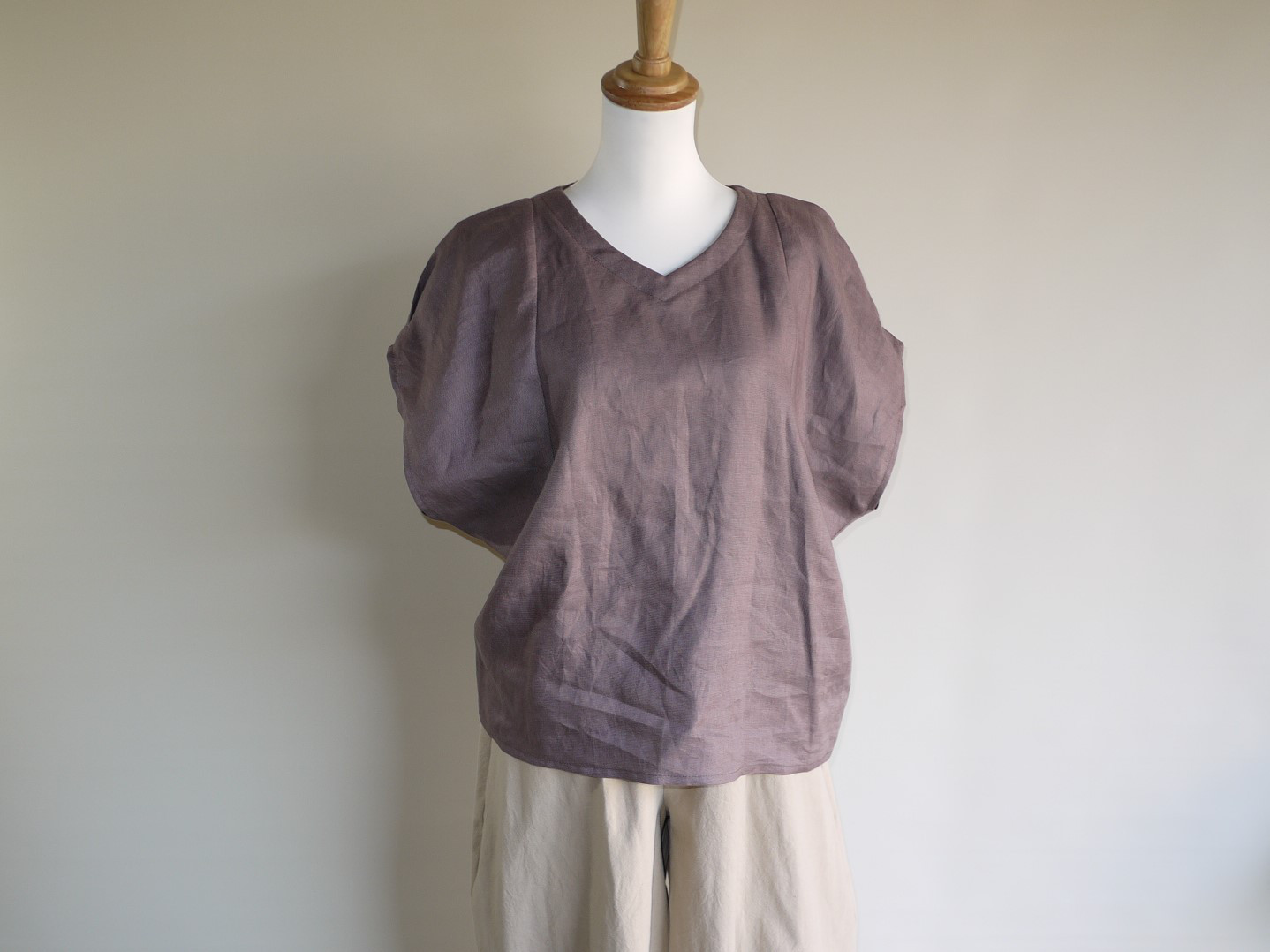 リネン◇ドルマンパフブラウス◇ブラウン◇フリーサイズ（リネン100％）