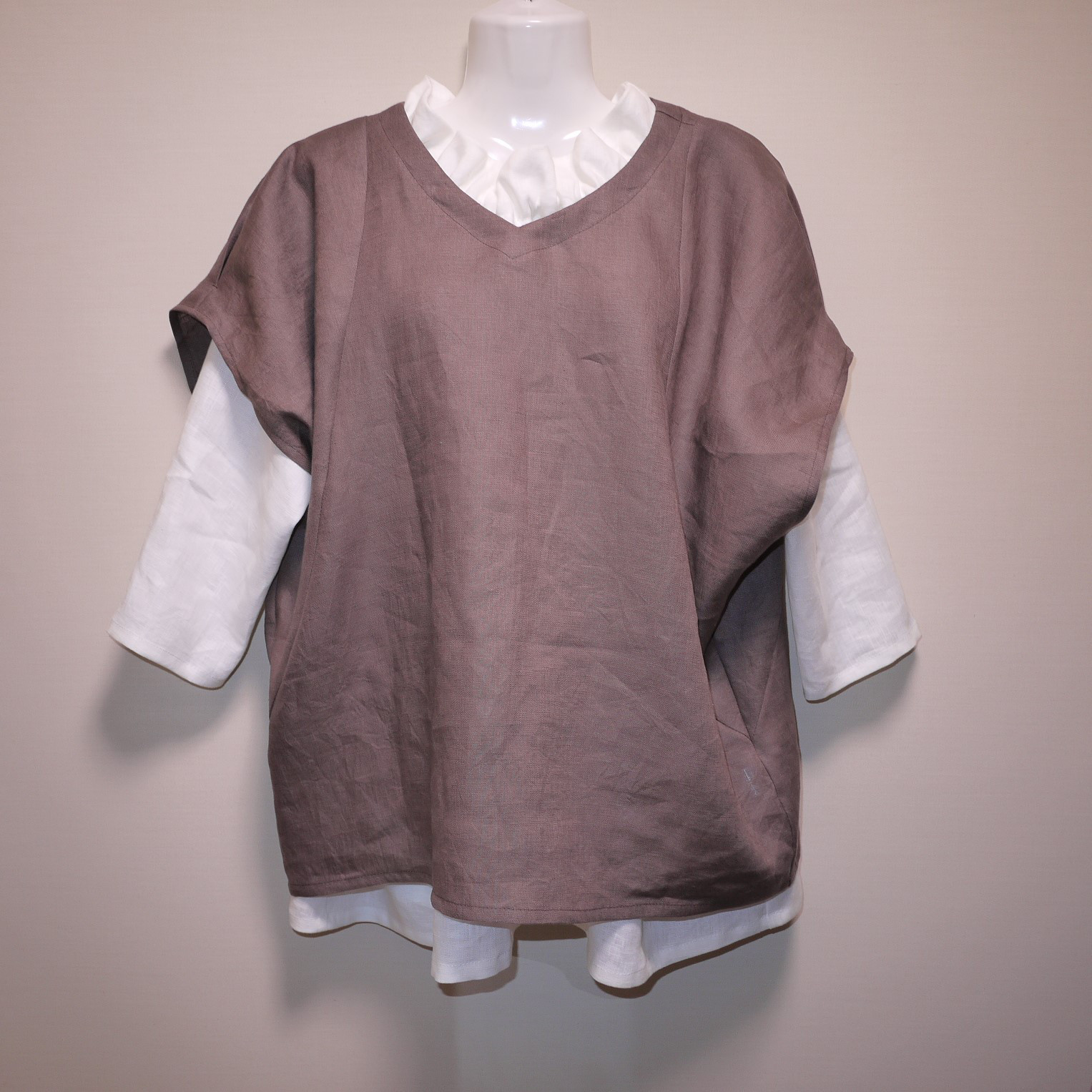 リネン◇ドルマンパフブラウス◇ブラウン◇フリーサイズ（リネン100％）