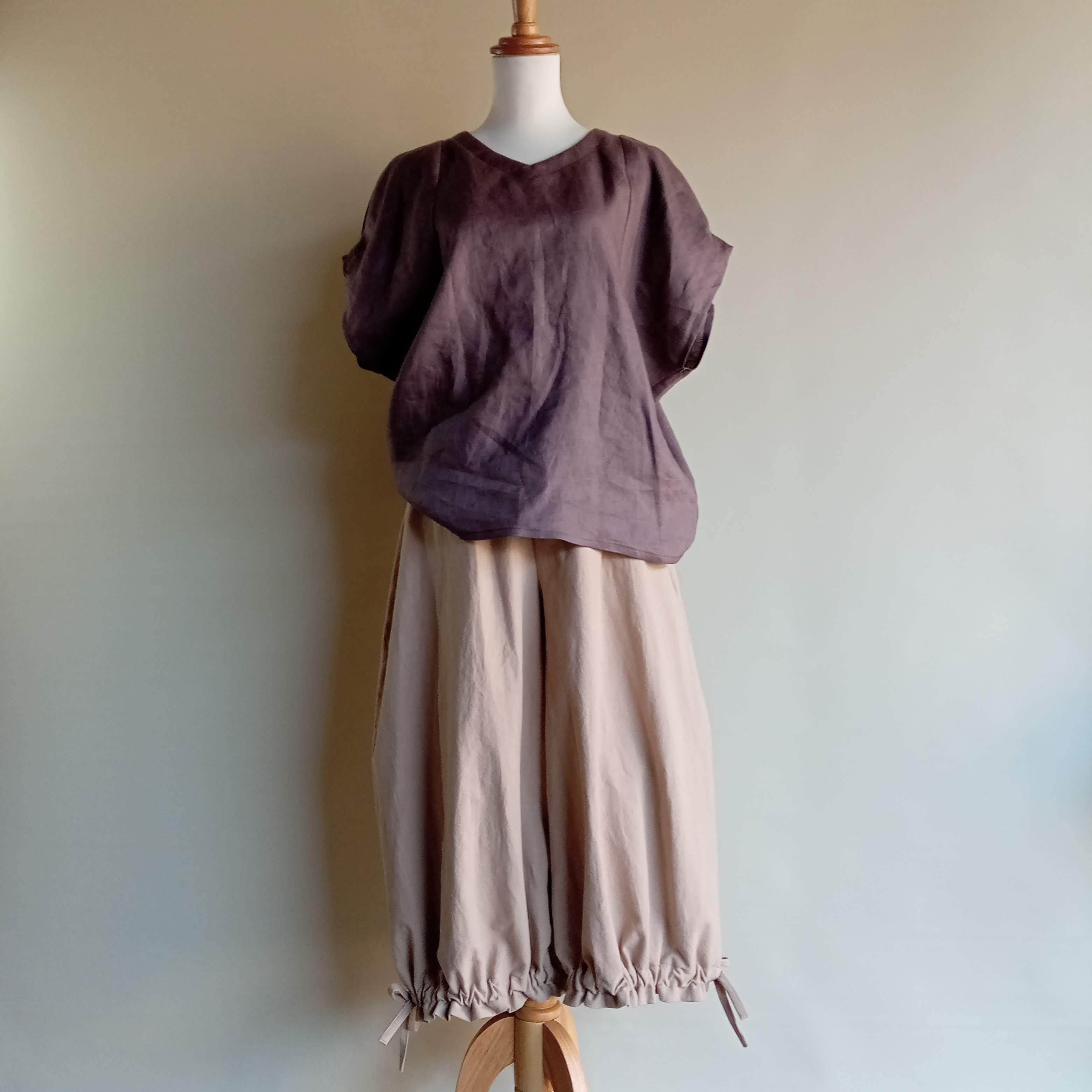 リネン◇ドルマンパフブラウス◇ブラウン◇フリーサイズ（リネン100％）