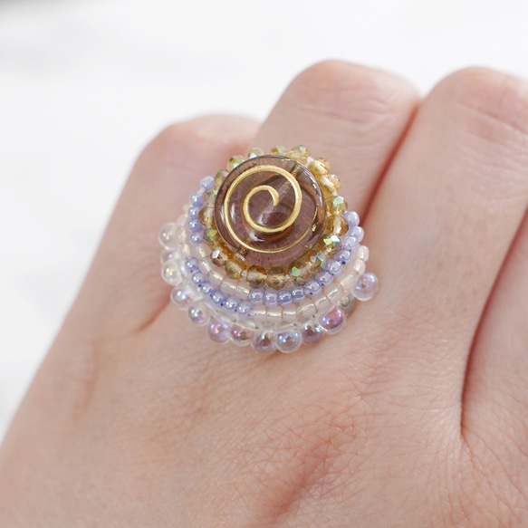Chatty 戒指 42 均碼珠繡戒指圓形漩渦粉色多色 第2張的照片