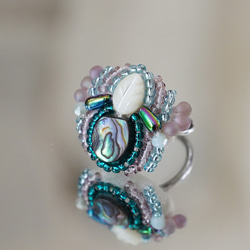 閒聊戒指 43 均碼珠繡戒指葉阿瓦隆貝殼綠色多色 第2張的照片