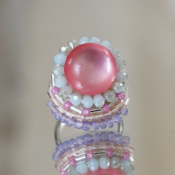 Chatty 戒指 54 均碼珠繡戒指圓形粉紅色藍色多色 第4張的照片