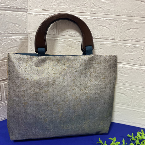 034 帯バック A4 隠しマグネット 刺繍 木の持ち手 リメイク