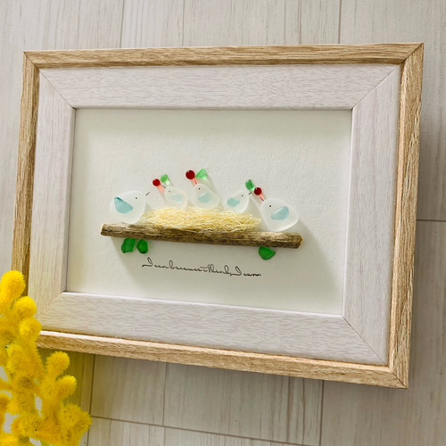 シーグラスアート 海の宝石 小鳥の家族 インテリア雑貨 北欧 ガラス