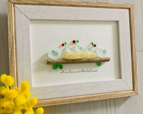 シーグラスアート 海の宝石 小鳥の家族 インテリア雑貨 北欧 ガラス