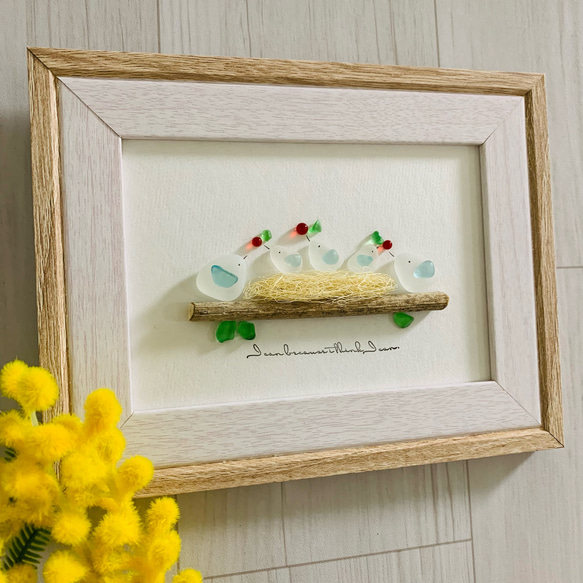 シーグラスアート 海の宝石 ガラス細工 小鳥雑貨 インテリア雑貨 壁掛け 置物 シーグラスアート 海の宝石 小鳥の家族 インテリア雑貨 北欧 ガラス