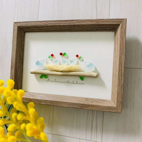 水辺の家と小鳥たち　シーグラス／天然石／フレームアート／手描き 水辺の家と小鳥たち シーグラス／天然石／フレームアート