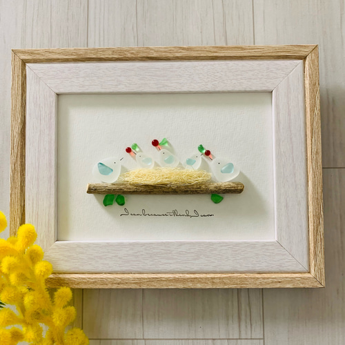 シーグラスアート 海の宝石 小鳥の家族 インテリア雑貨 北欧 ガラス