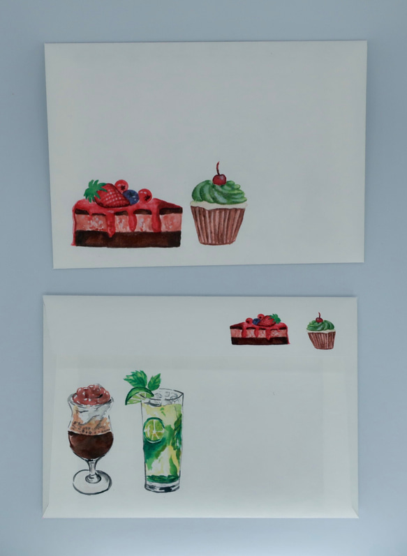 レターセット ・ 手作り・水彩画イラスト・のみもの/ ケーキとカップケーキのデザイン 6枚目の画像