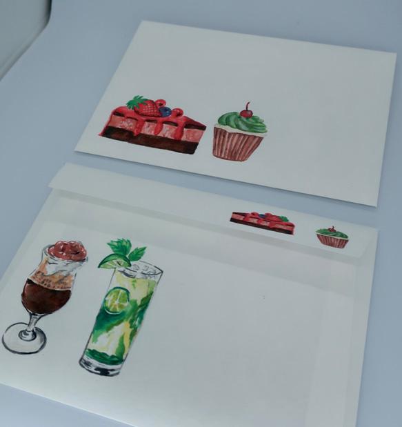 レターセット ・ 手作り・水彩画イラスト・のみもの/ ケーキとカップケーキのデザイン 7枚目の画像
