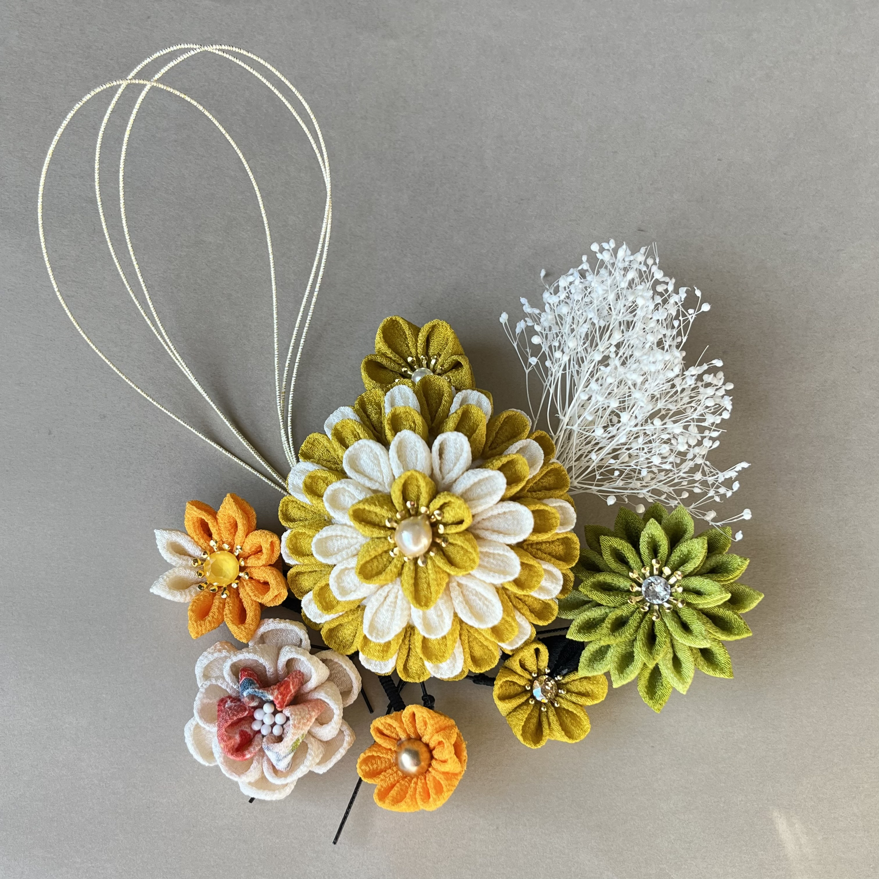 イエロー系のつまみ細工の髪飾りセット　成人式　卒業式　晴れの日　袴　振袖　和装　着物　前撮り