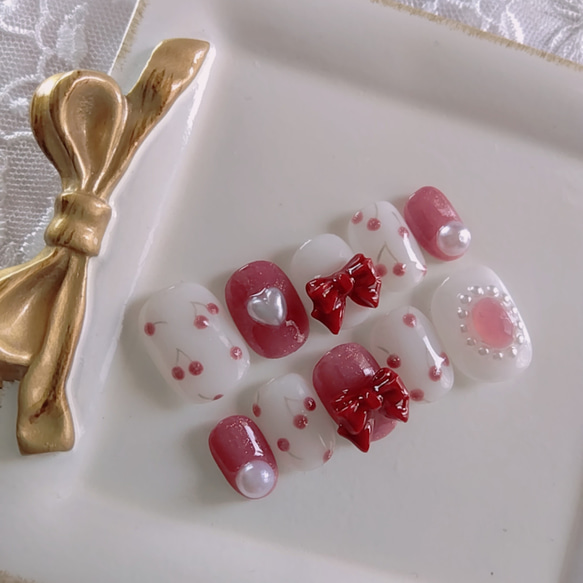【オーダー】ネイルチップ　さくらんぼ　フレンチネイル　韓国ワンホン　手書きハート ネイルチップ さくらんぼネイル 韓国 フレンチ ガーリー 量産型