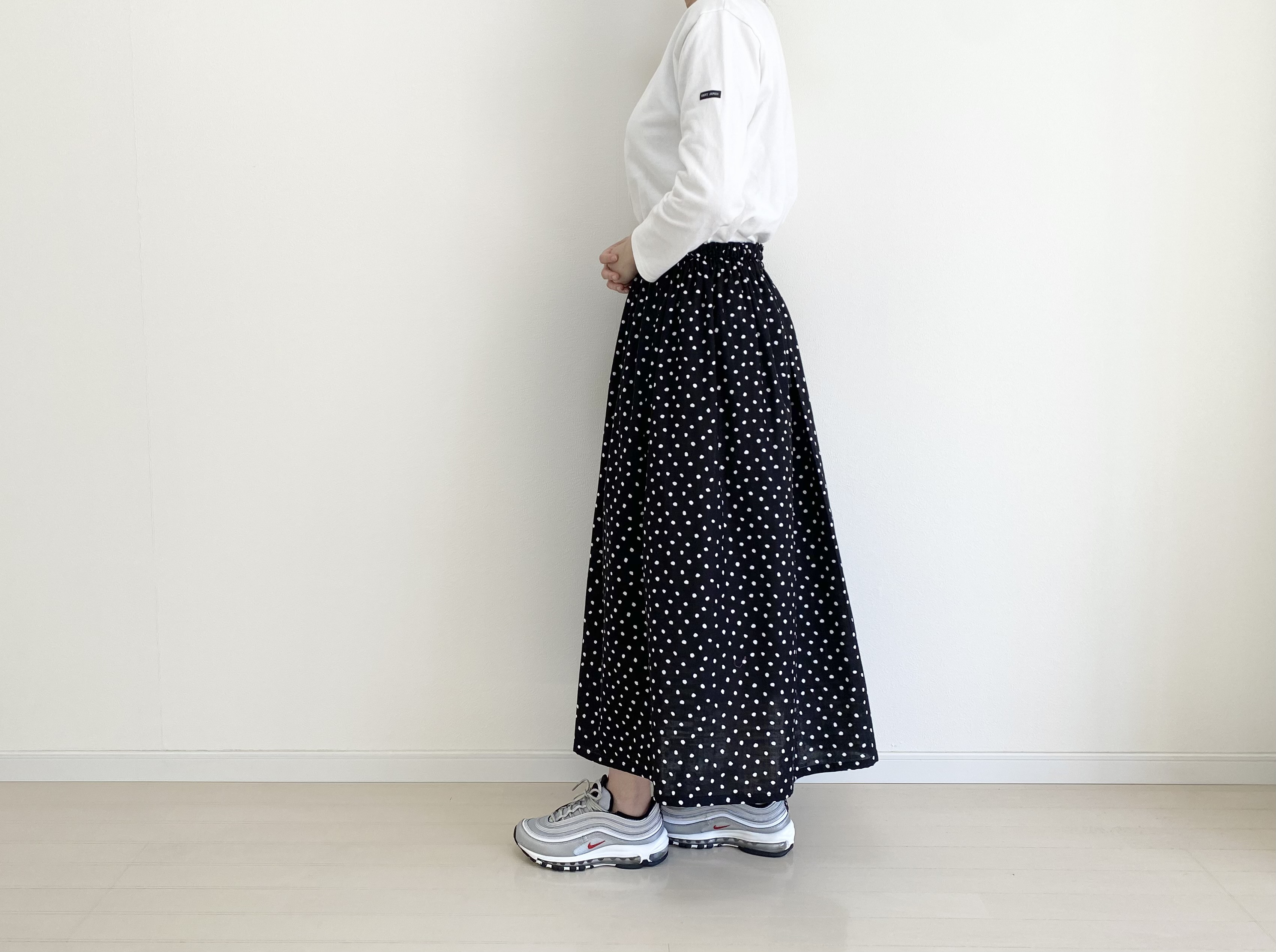 ドットダブルガーゼギャザースカート　ブラック