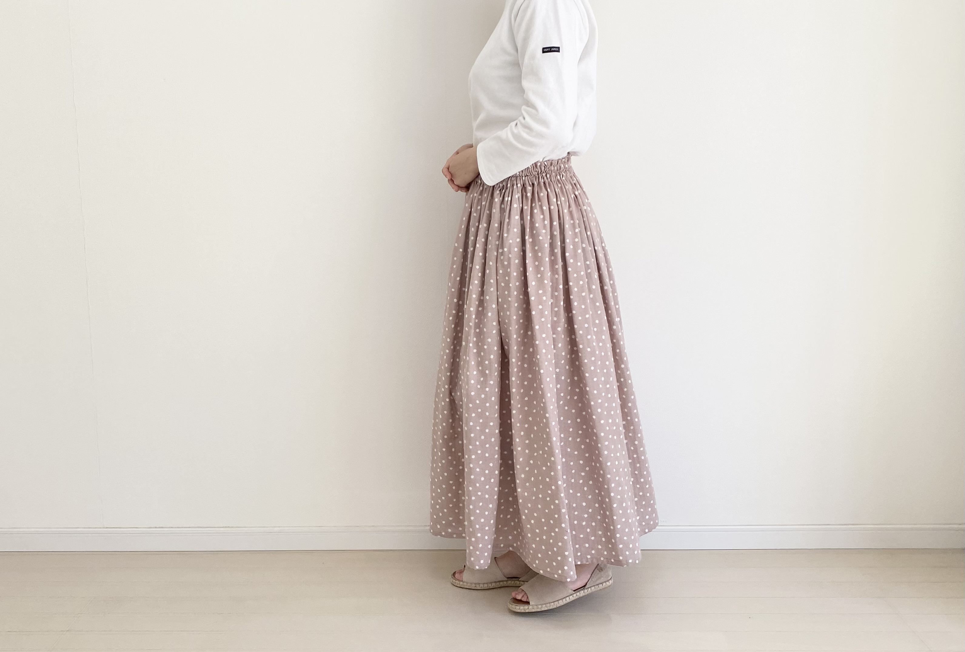 ドットダブルガーゼギャザースカート　ペールピンク　春色