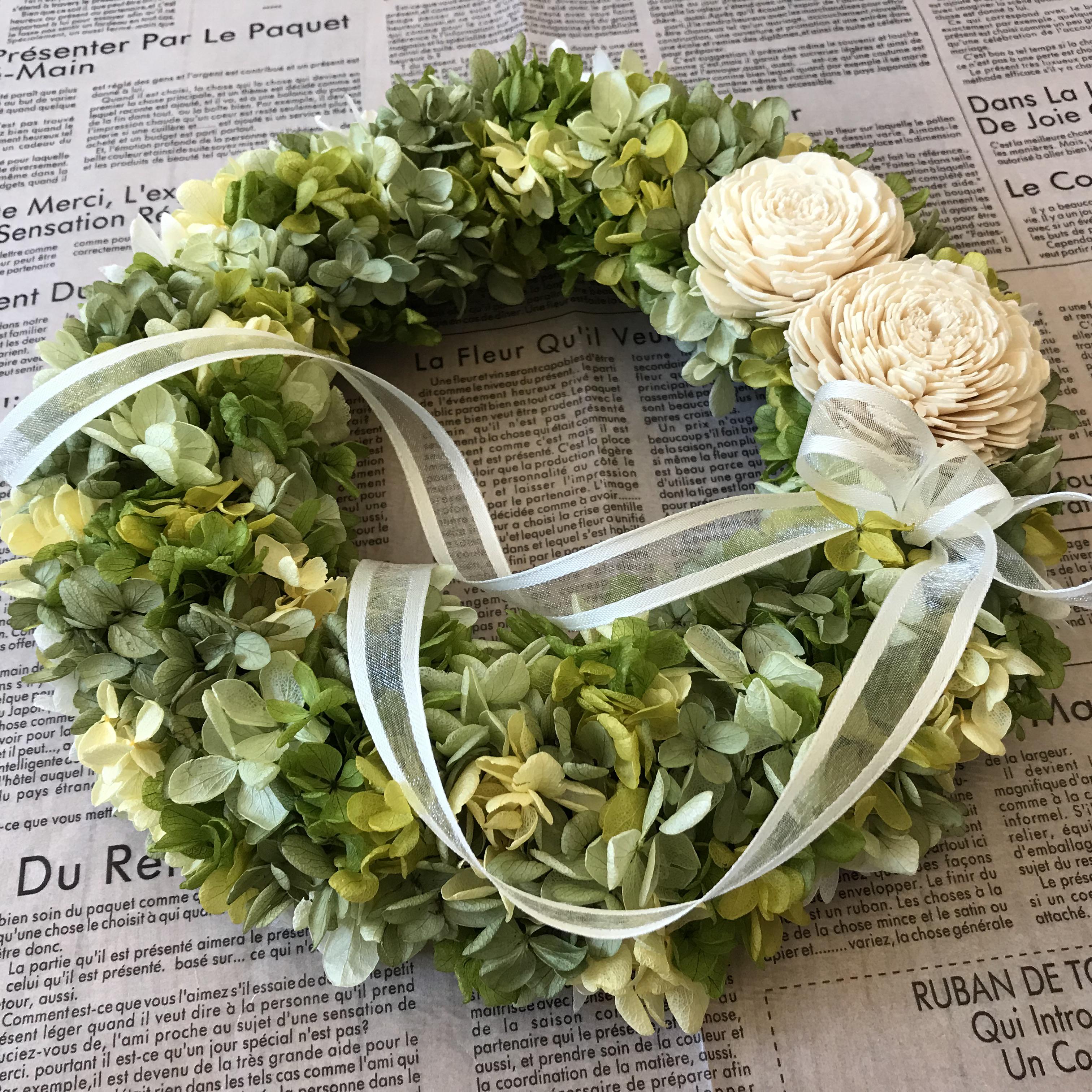 ♡《フラワーギフト》プリザーブドアジサイのグリーンリース（一点限定）