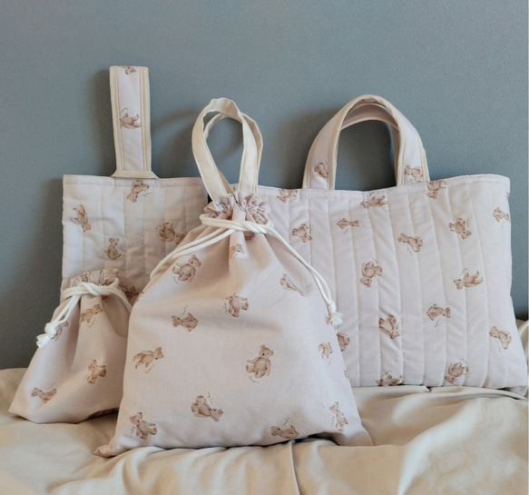 確認用くまさん刺繍生地キルティングレッスンバッグ通園バッグ