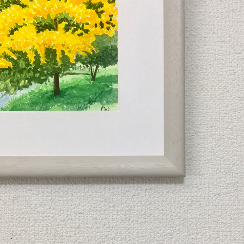 桜とミモザ」透明水彩画 原画 風景画 額縁付 F4サイズ 絵画 Oni 桜とミモザ」透明水彩画 原画 風景画 額縁付 F4サイズ 絵画 Oni