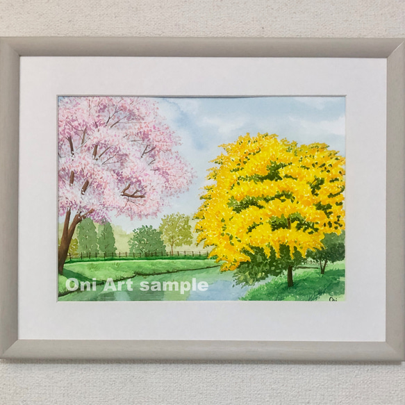 ミモザの小径」透明水彩画 原画 風景画 額縁付 F4サイズ 絵画