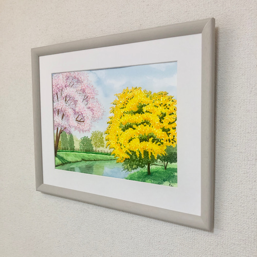 桜とミモザ」透明水彩画 原画 風景画 額縁付 F4サイズ 絵画 Oni 桜とミモザ」透明水彩画 原画 風景画 額縁付 F4サイズ 絵画 Oni