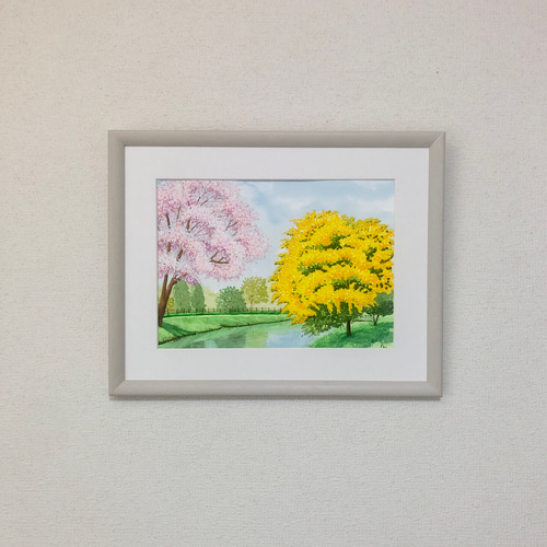 桜とミモザ」透明水彩画 原画 風景画 額縁付 F4サイズ 絵画 Oni 桜とミモザ」透明水彩画 原画 風景画 額縁付 F4サイズ 絵画 Oni