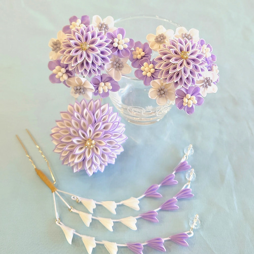 七五三、成人式、卒業式『薄紫＆白の花髪飾り4点セット』 つまみ細工髪  