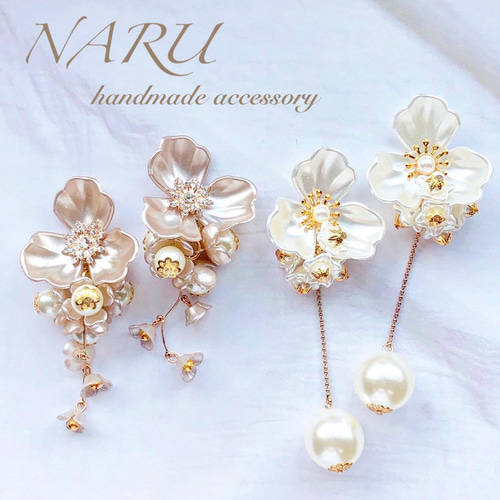 ランダムホワイトフラワー パール ハンドメイドピアス イヤリング