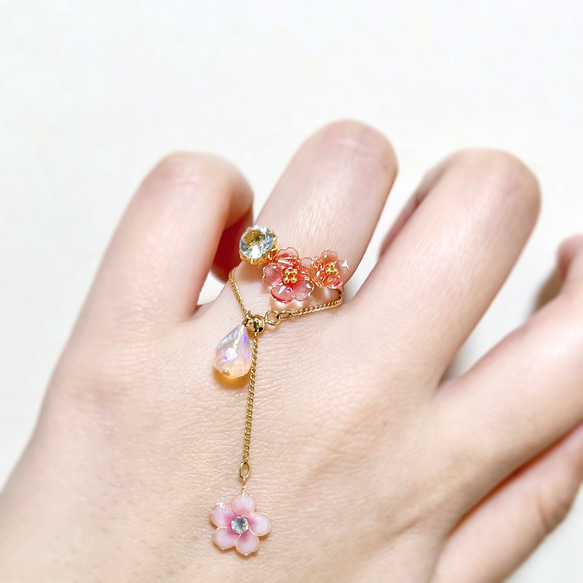 -Jewelry flower-  桜とアクアマリンのワイヤーリング 6枚目の画像