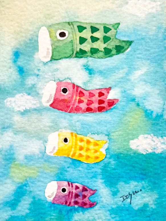 透明水彩画　ミニカード2枚セット「鯉のぼり」端午の節句　初節句　五月人形　こどもの日　こいのぼり　兜 2枚目の画像