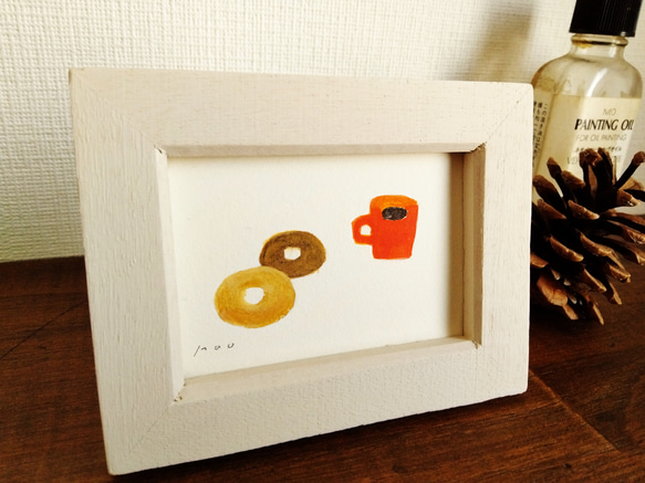 小さな絵　原画「ドーナツ」※木製ミニ額縁入り 2枚目の画像