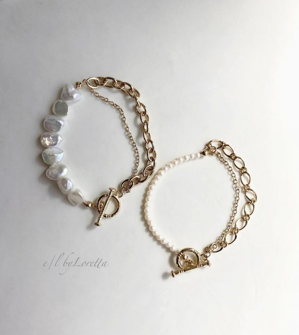 Mini 淡水パール W chain mantel bracelet 4枚目の画像