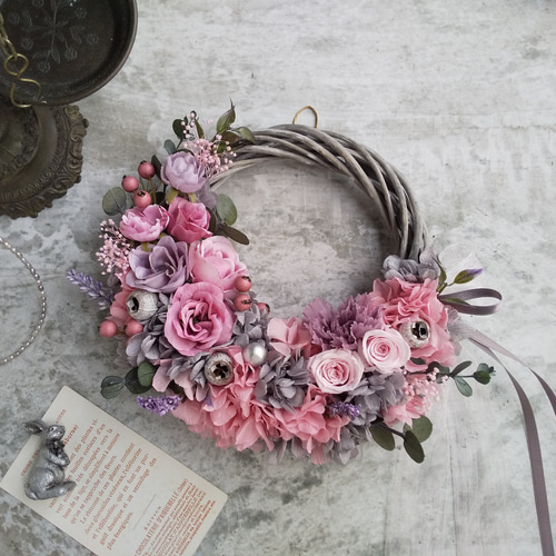 フラワーリース 春 母の日 お花 プレゼント アンティーク パープル ローズ フラワーリース 春 母の日 お花 プレゼント アンティーク