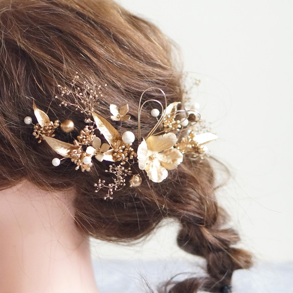 ゴールドリーフとパールとアジサイの上品な髪飾り　#ヘッドドレス#髪飾り 11枚目の画像