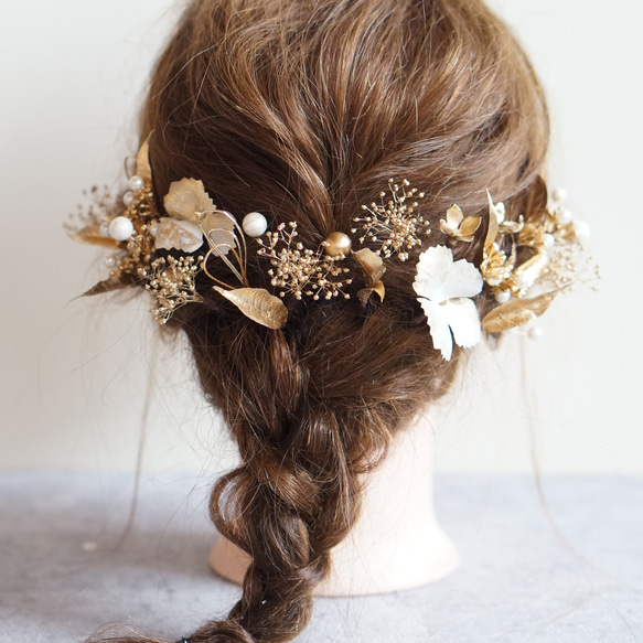 ゴールドリーフとパールとアジサイの上品な髪飾り　#ヘッドドレス#髪飾り 14枚目の画像