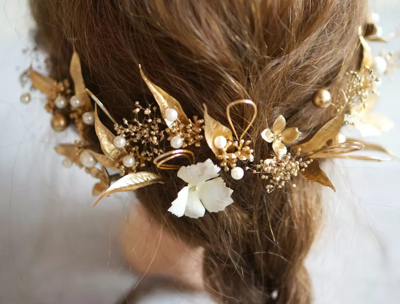 ゴールドリーフとパールとアジサイの上品な髪飾り　#ヘッドドレス#髪飾り 15枚目の画像