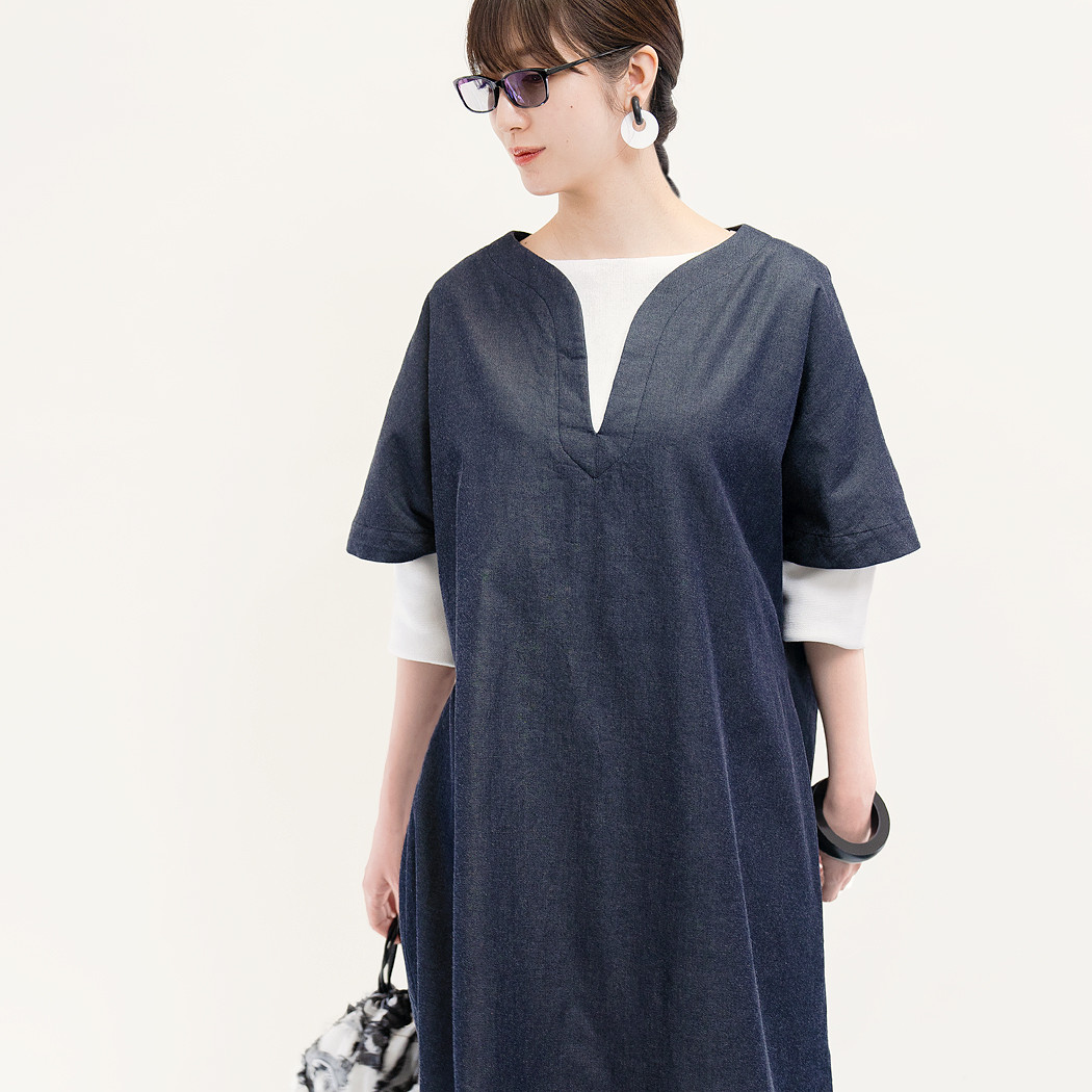 2色 岡山デニム 年間通して一枚で 上質 カフタンワンピース 色落ちしない紺／黒 ●IV-KAFOP●