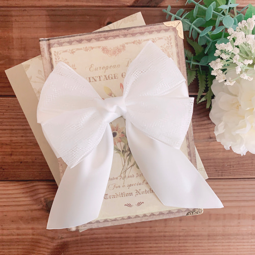 panda様　037.オフホワイト　ビッグダブルリボン サテンリボン 白 レースリボン重ね ビッグダブルリボン ビッグリボン