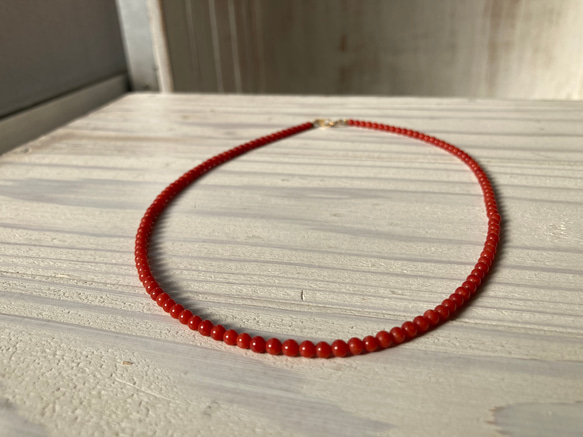 赤珠.珊瑚ネックレス約３ミリ珠.k18 10枚目の画像