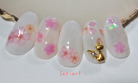 ジェルネイルチップ☆付け爪〜春ネイル~桜＆猫☆シアーホワイト