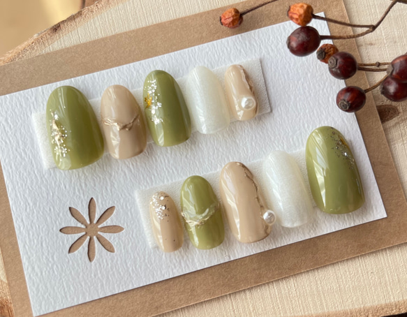 オリーブグリーンネイル✳︎ブライダル/成人式/卒業式/上品 ネイル  