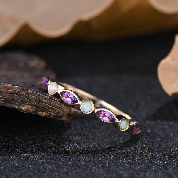 紫水晶 アメジスト 結婚指輪 ホワイトオパールリング 2月 10月誕生石 カップルリング K10イエローゴールドリング 2枚目の画像