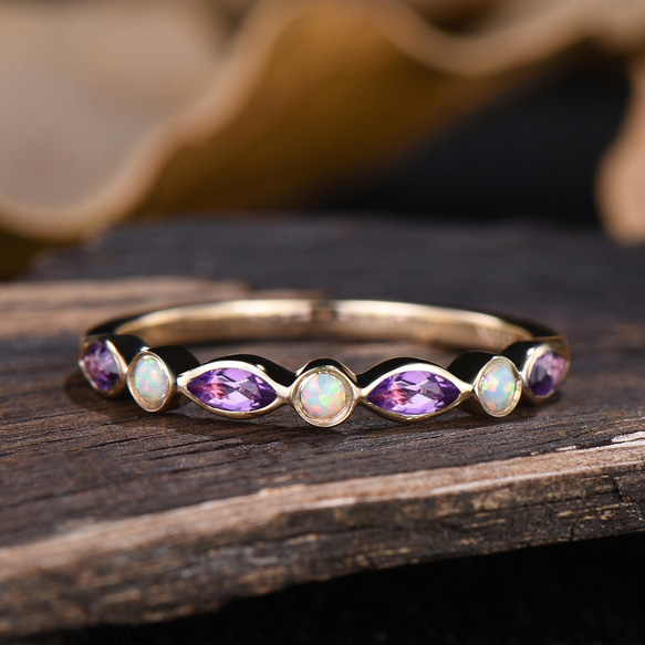 紫水晶 アメジスト 結婚指輪 ホワイトオパールリング 2月 10月誕生石 カップルリング K10イエローゴールドリング 1枚目の画像