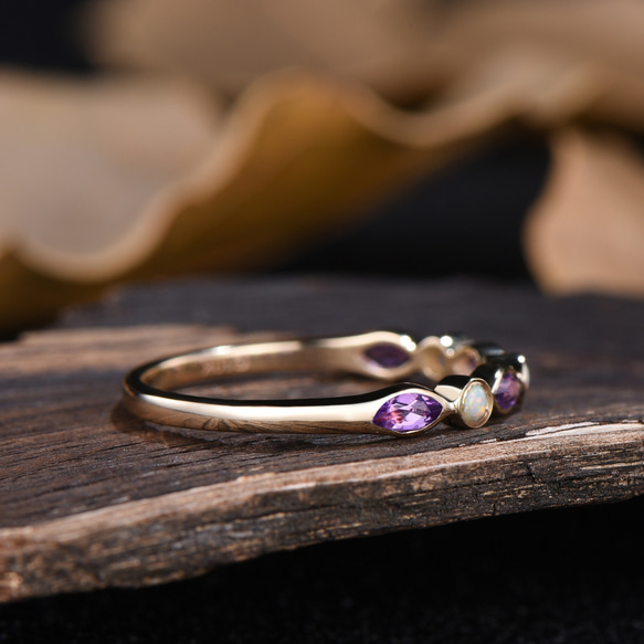 紫水晶 アメジスト 結婚指輪 ホワイトオパールリング 2月 10月誕生石 カップルリング K10イエローゴールドリング 3枚目の画像