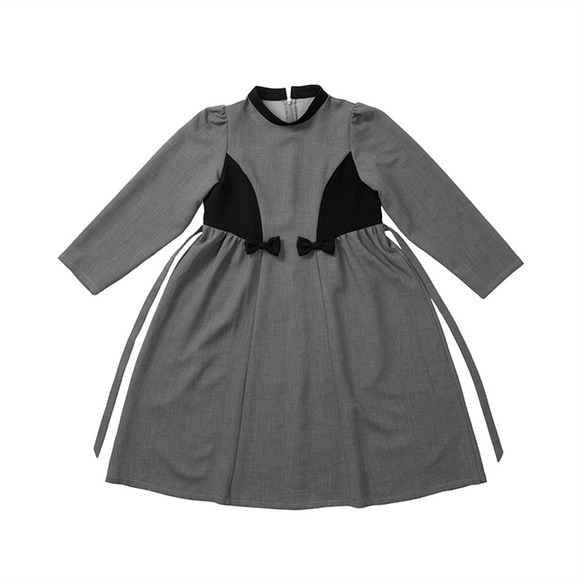 灰色 立體蝴蝶結經典立領拼接設計洋裝 背後繫帶法式外穿式連身裙 第2張的照片