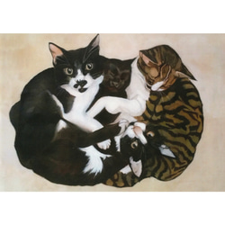猫イラスト　「なかよし4匹」（複製画） 1枚目の画像