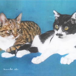 猫イラスト　「青い猫なかよし２匹」（複製画） 2枚目の画像