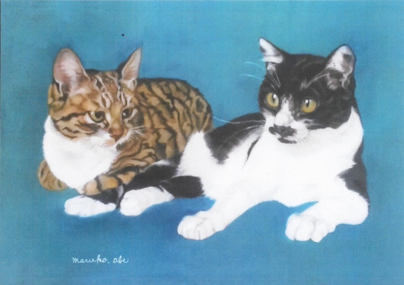 猫イラスト　「青い猫なかよし２匹」（複製画） 2枚目の画像