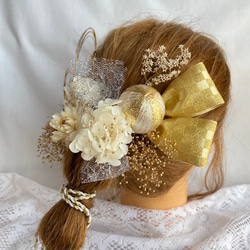 ドライフラワー髪飾り　プリザーブドフラワー　チュール　水引　市松柄リボン　結婚式　成人式　卒業式 2枚目の画像